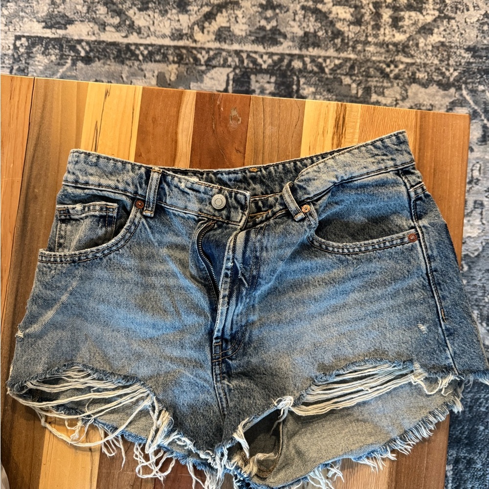 Zara Blue Jean Shorts Distressed High-Waisted
